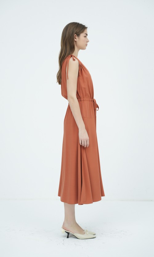 G-Ochre V-Neck Woven Flared Dress